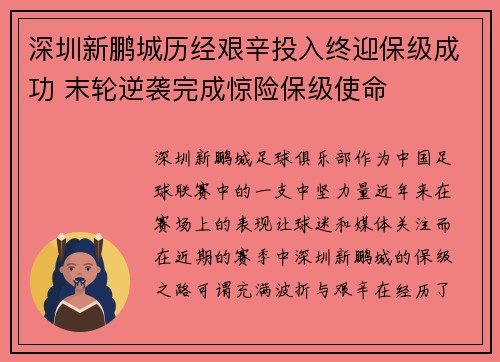深圳新鹏城历经艰辛投入终迎保级成功 末轮逆袭完成惊险保级使命