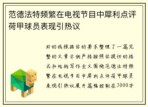 范德法特频繁在电视节目中犀利点评荷甲球员表现引热议